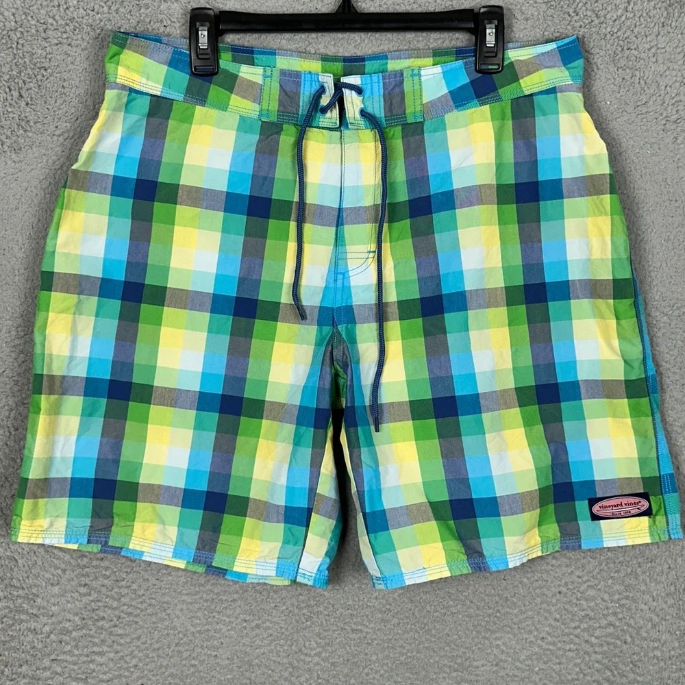 Vineyard Vines Nylon Blend Board Shorts Mens 35 Swim Trunks Blue Green Checkered
